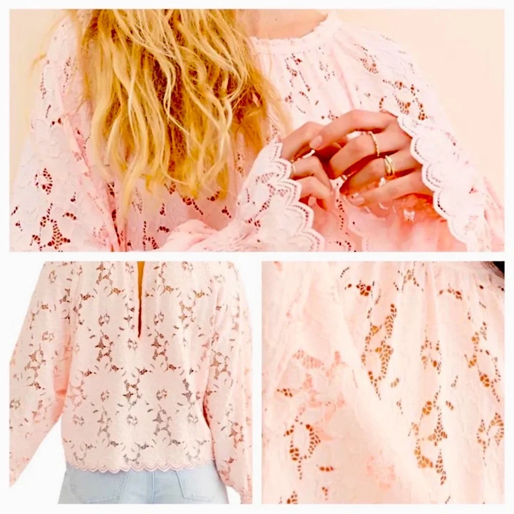 NWT Free People Olivia Lace Top blouse Edwardian sleeves Shirt XS powder pink